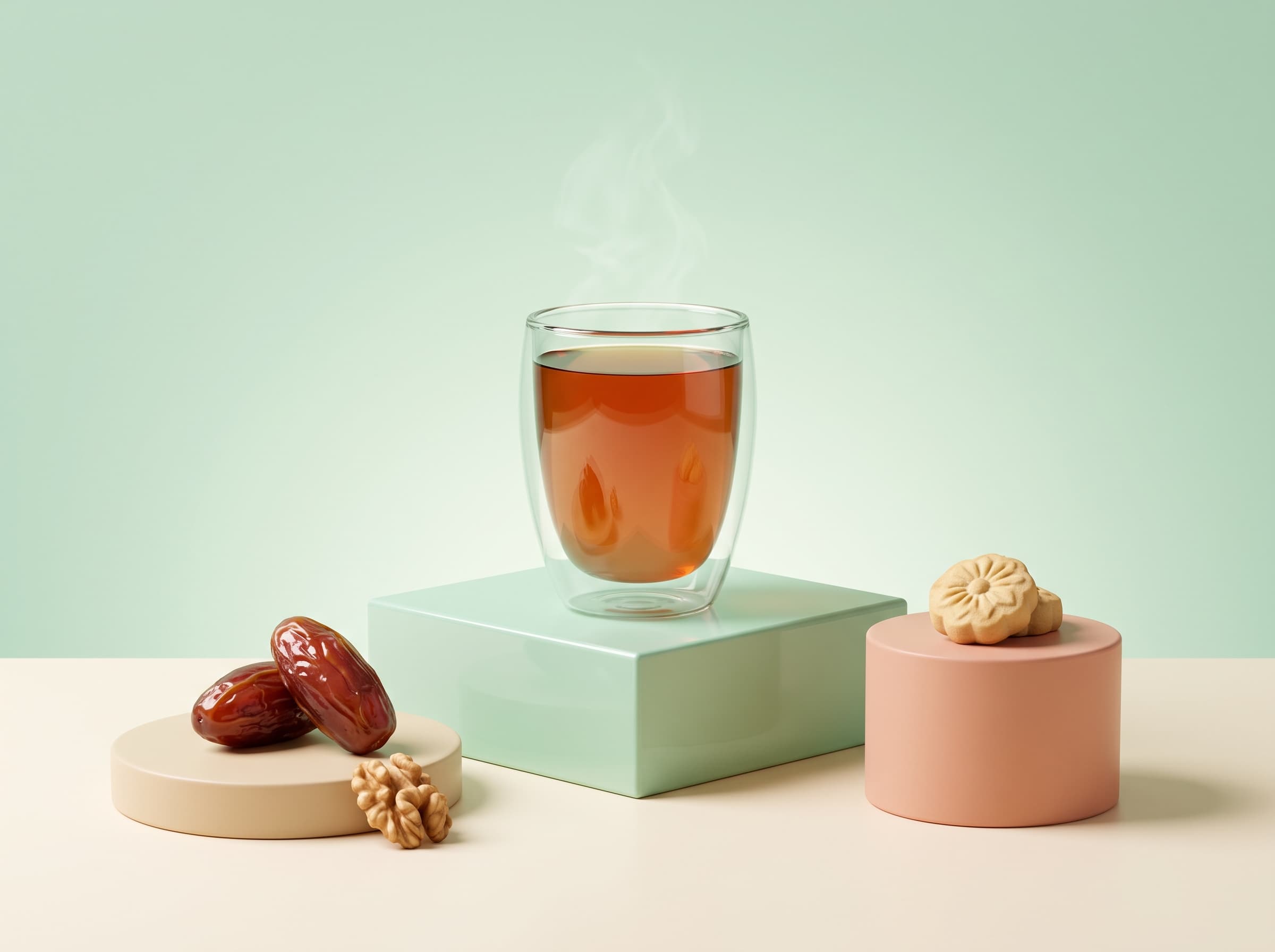 استکان چای داغ در کنار ظرف خوراکیهای متنوع (شیرینی، خرما و مغزیجات) روی میز